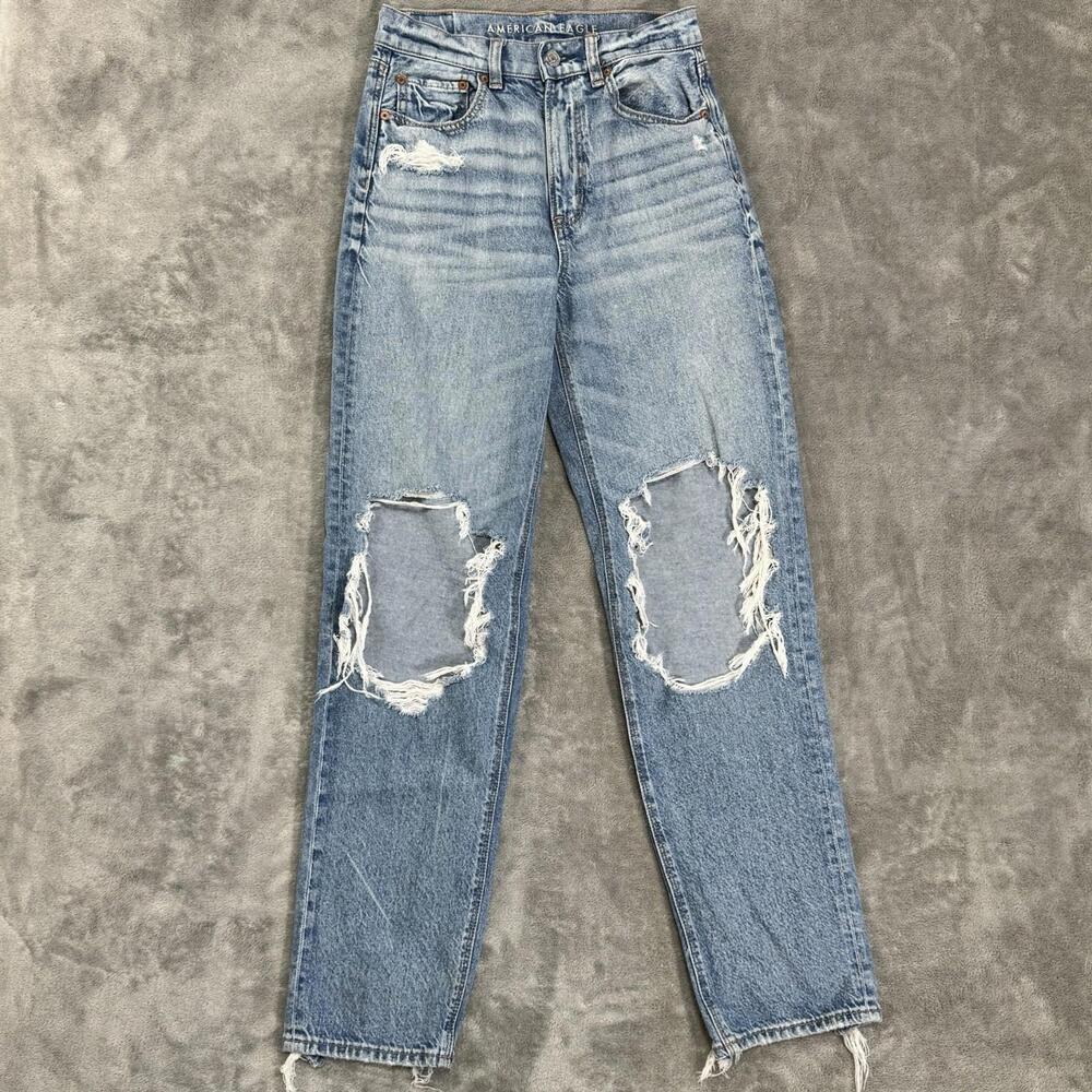 American Eagle Jeans Womens 2 Medium Wash Highest Rise Baggy Straight Thrashed